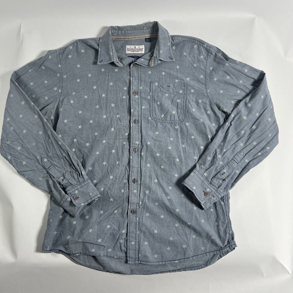 Shine Original Men's Blue Star Woven Cotton Button-Up Shirt Long Sleeve XL